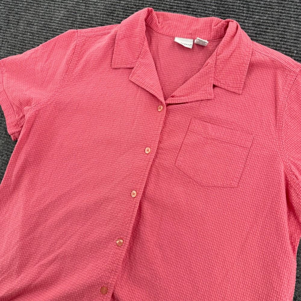 Kim Rogers Womens 1X Pink Seersucker Gingham Short Sleeve Button Up Blouse